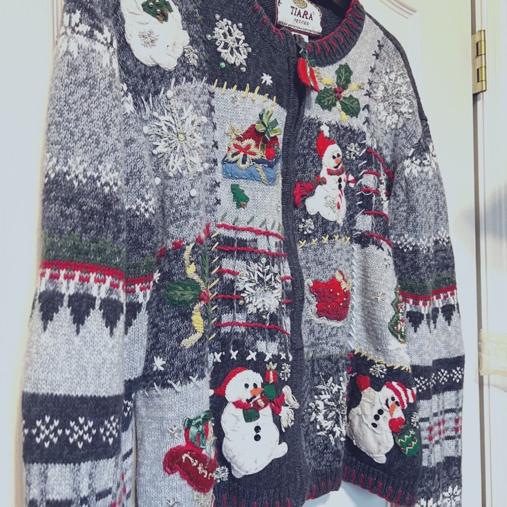 Tiara Vintage Ugly Christmas Sweater- Snowmen sparkle cardigan women's PL-Holida - Picture 8 of 12